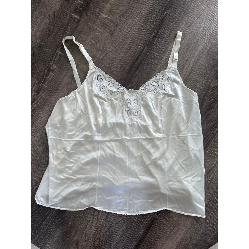 Vintage White Lace Trim Camisole Adjustable Straps V-Neck Lingerie-No Size Top
